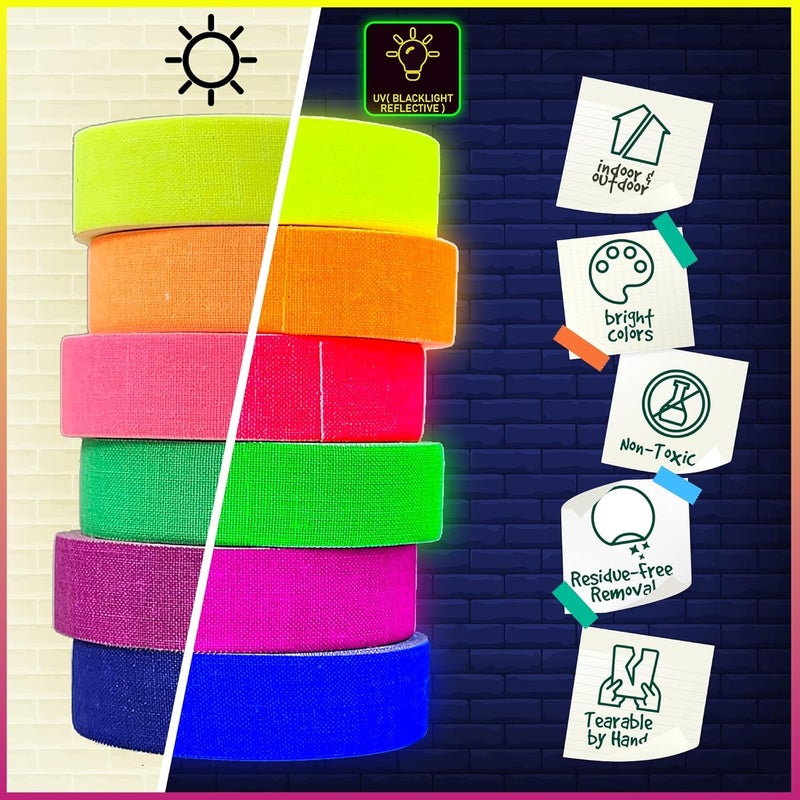 Dexam 6-Pack Neon Gaffer Tape - 0.6 or 1 inch UV Blacklight Reactive Glow in The Dark Tape, Best for Parties, Dance Floors, Theaters & DIY Projects - 6 Vibrant Colors - Image 2